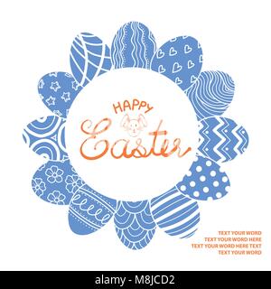 Easter eggs in blue silhouette enclose space for text at the center. Poster or logo design for Easter festival in vector illustration. Stock Vector