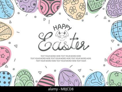 Easter eggs in gray outline and colorful plane enclose space for text at the center. Poster or card design for Easter festival in vector illustration. Stock Vector