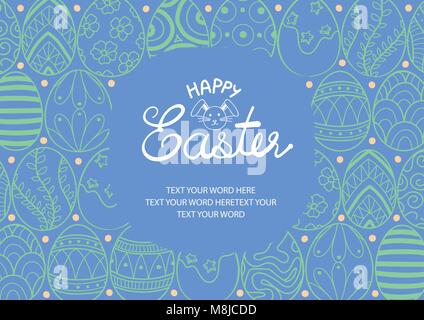 Easter eggs in green outline random on blue background with space for text at the center. Poster or card design for Easter festival in vector illustra Stock Vector