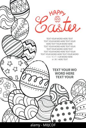Easter eggs in black outline spread in the left and bottom of picture with space for text on white background. Poster or card design for Easter festiv Stock Vector