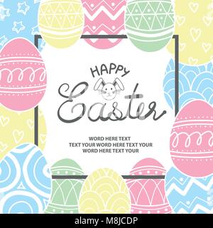 Easter eggs in white outline and colorful plane random on the white background with gray frame for text at the center. Poster or card design for Easte Stock Vector