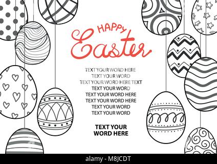 Easter eggs in black outline hang from top of the frame with space for text at the center. Poster or card design for Easter festival in vector illustr Stock Vector