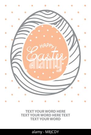 2 Easter eggs in gray outline and pink silhouette are at the center of white background with pink dots and space for text. Poster or card design for E Stock Vector