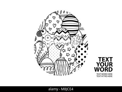 Cute easter eggs in black outline gather in the big egg with space for text on white background. Horizontal poster or card design for Easter festival  Stock Vector