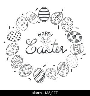Cute Easter eggs in gray outline enclose text at the center. Poster or logo design for Easter festival in vector illustration. Stock Vector