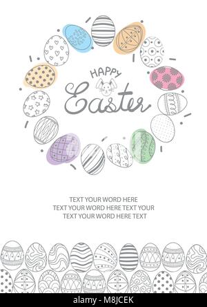 Cute Easter eggs in gray outline enclose text at the center and space for text at the bottom. Poster or logo design for Easter festival in vector illu Stock Vector
