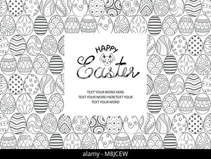 Cute Easter eggs in gray outline surround white space for text at the center. Poster or card design for Easter festival in vector illustration. Stock Vector