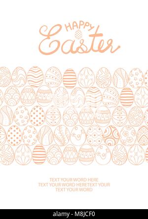 Easter eggs in pink pastel outline on white background with space for text. Poster or card design for Easter festival in vector illustration. Stock Vector