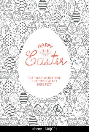 Cute Easter eggs in gray outline random for background and big white egg with space for text at the center. Poster or card design for Easter festival  Stock Vector