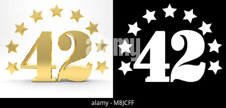 Golden number forty two on white background with drop shadow and alpha channel , decorated with a circle of stars. 3D illustration Stock Photo