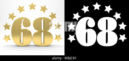 Golden number sixty eight on white background with drop shadow and alpha channel , decorated with a circle of stars. 3D illustration Stock Photo