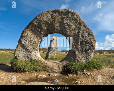 Men an Tol standing stones near Madron, Cornwall, England, UK Stock Photo
