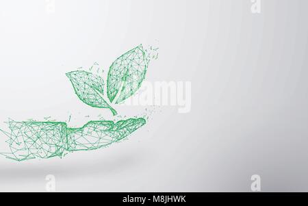 Abstract Plant on hand form lines and triangles, point connecting network background. Ecology concept Stock Vector