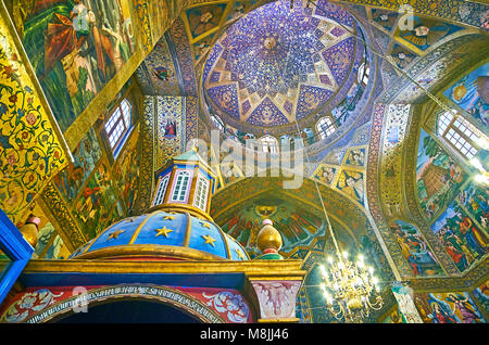 ISFAHAN, IRAN - OCTOBER 20,2017: The colorful ceiling of Savior Cathedral (Surb Amenaprkich Vank) with complex geometric and floral golden ornaments,  Stock Photo