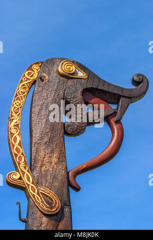 Dragonhead carved on a Viking ship Stock Photo