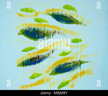 Hand painted abstract fish on white wood panel background Stock Photo