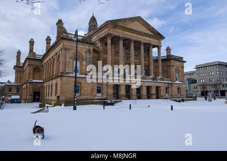 Paisley town hall in the snow of Beast from the East winter weather. Stock Photo