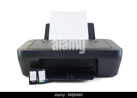 Black printer and ink cartridges isolated on white background Stock Photo