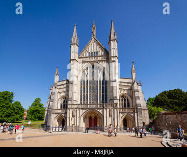 WINCHESTER, UK - JUN 8, 2013: West front of Winchester Cathedral, one of the largest cathedrals in Europe Stock Photo