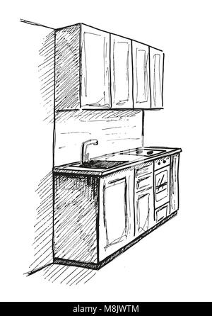 Hand drawn sketch. Linear sketch of an interior. Part of the bathroom. Vector illustration Stock Vector