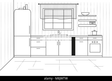 Sketch line cuisine. Plan kitchen. Vector illustration Stock Vector