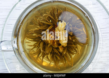 Cup of blooming tea served in glass teacup Stock Photo