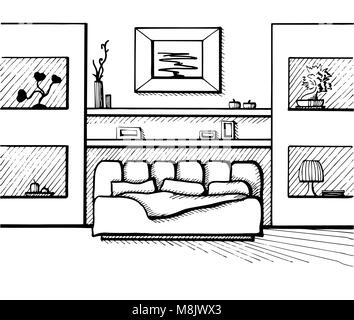 Hand drawn sketch. Linear sketch of an interior. Sketch Line bedrooms. Vector illustration Stock Vector