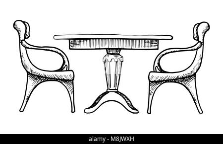 Two chairs and a table. Vector illustration in a sketch style Stock Vector