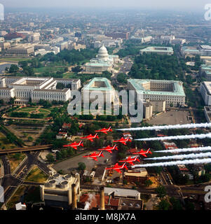 The Red Arrows  ( the Aerobatic display team of the Royal Air Force), flying over  Washington D.C. USA Stock Photo