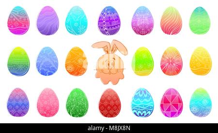 Colored Easter eggs isolated on white background. Hand draw an Easter symbol. Cute cartoon rabbit among easter eggs. Vector illustration of a sketch s Stock Vector