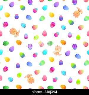Seamless pattern with different Easter eggs and rabbit. Vector illustration in sketch style. Hand drawn Easter pattern. Stock Vector
