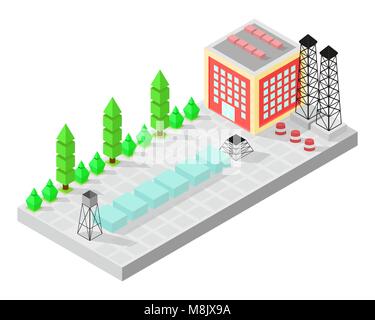 Isometric home. The factory with storage tanks. Road, green bushes in front of house. Vector illustration isometric style Stock Vector