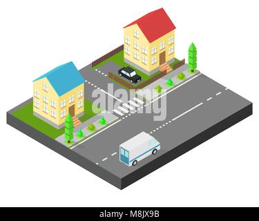 Isometric house. Two houses on the same street. Sidewalk with trees, the road the car. The yard is fenced with a wooden fence Stock Vector