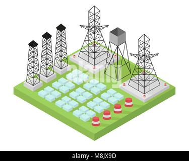 Electric power station with power poles and batteries. Vector illustration in isometric style. Stock Vector