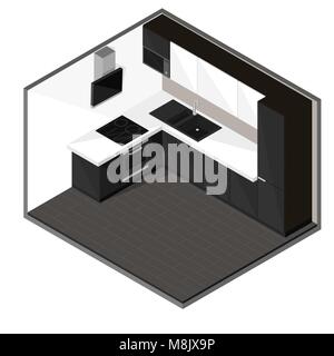 Black kitchen in isometric style. Vector illustration. Stock Vector