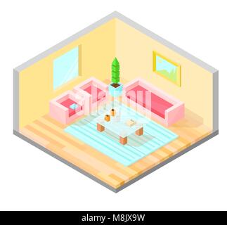 Living room isometric design with table, armchair, sofa, plant, painting, and carpet. Vector illustration. Stock Vector