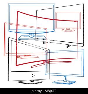 Sketch TV set isolated on a white background. Monitor. Vector illustration. Stock Vector