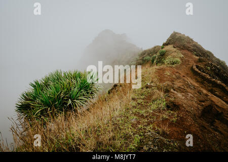 Misty trail leads along the mountain ridge. Path and steep slopes hidden in the fog. Santo Antao Cape Verde Stock Photo