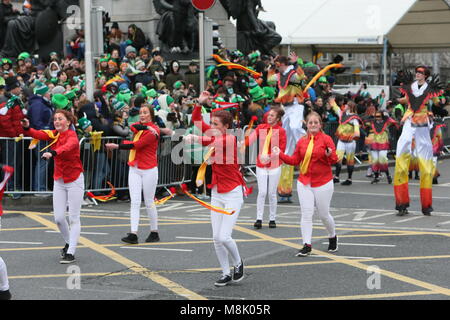 Bui Bolg Productions Wexford. Image from Dublin city centre during the Saint Patrick's Day parade as part of the annual Saint Patrick's Festival. Sain Stock Photo