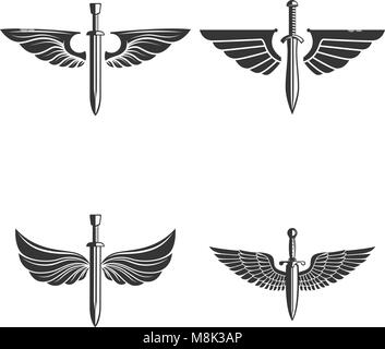 Set of emblems with medieval sword and wings. Design element for logo ...