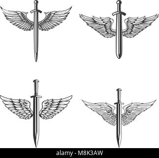 Set of emblems with medieval sword and wings. Design element for logo ...