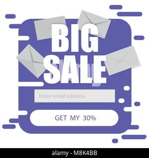 Vector template for email subscribe in purple on a white background. Big sale Stock Vector