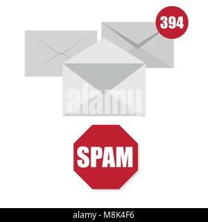 Vector illustration of spam envelope icon with counter and red sign on white Stock Vector