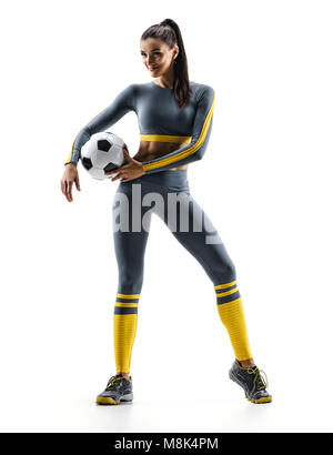 Ready to play. Soccer player woman standing in silhouette isolated on white background. Sport and healthy lifestyle Stock Photo