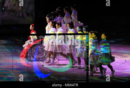 Performers during the Closing Ceremony for the PyeongChang 2018 Winter Paralympics in South Korea. Stock Photo