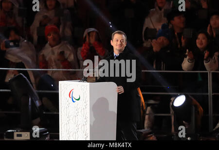 President of the International Paralympic Committee Andrew Parsons during the Closing Ceremony for the PyeongChang 2018 Winter Paralympics in South Korea. PRESS ASSOCIATION Photo. Picture date: Sunday March 18, 2018. See PA story PARALYMPICS Ceremony. Photo credit should read: Adam Davy/PA Wire. Stock Photo