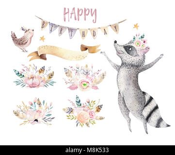 Cute jumping raccoon animal illustration for kids Watercolor boho forest cartoon Birthday patry Balloons invitation Perfect for nursery posters, patte Stock Photo