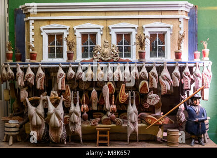 Miniature Butcher's Shop  on display at  refurbished Museum of Childhood on the Royal Mile in Edinburgh Old Town, Scotland, United Kingdom Stock Photo
