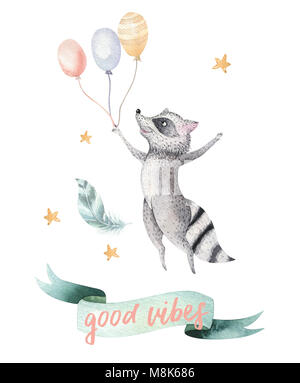 Cute jumping raccoon isolated animal illustration for kids Watercolor boho forest cartoon Birthday patry Balloons invitation Perfect for nursery poste Stock Photo