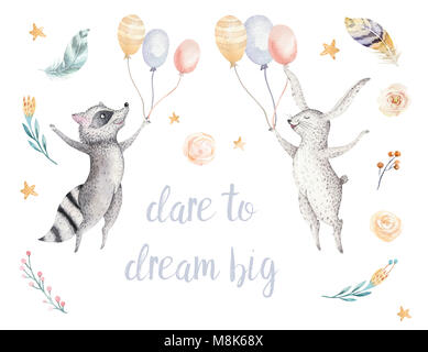 Cute jumping raccoon and bunny animal illustration for kids Watercolor boho forest cartoon Birthday patry rabbit Balloons invitation Perfect for nurse Stock Photo